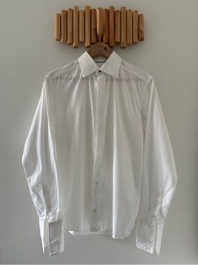 Eton - White Striped Satin Tuxedo Shirt 15.5/39 French Cuffs Textured Formal